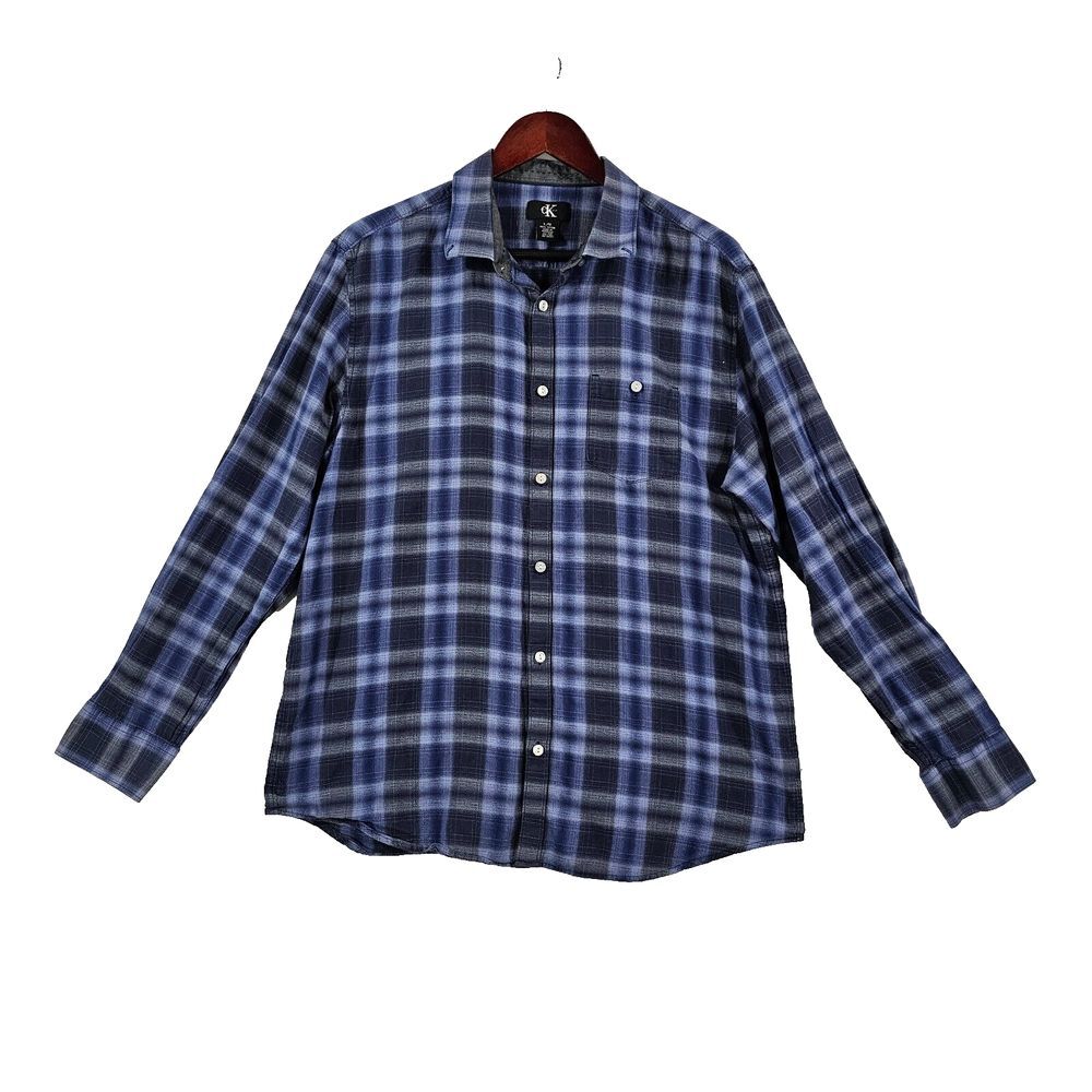 Calvin Klein Mens Button Down Shirt Long Sleeve Regular Fit Plaid Blue Black L